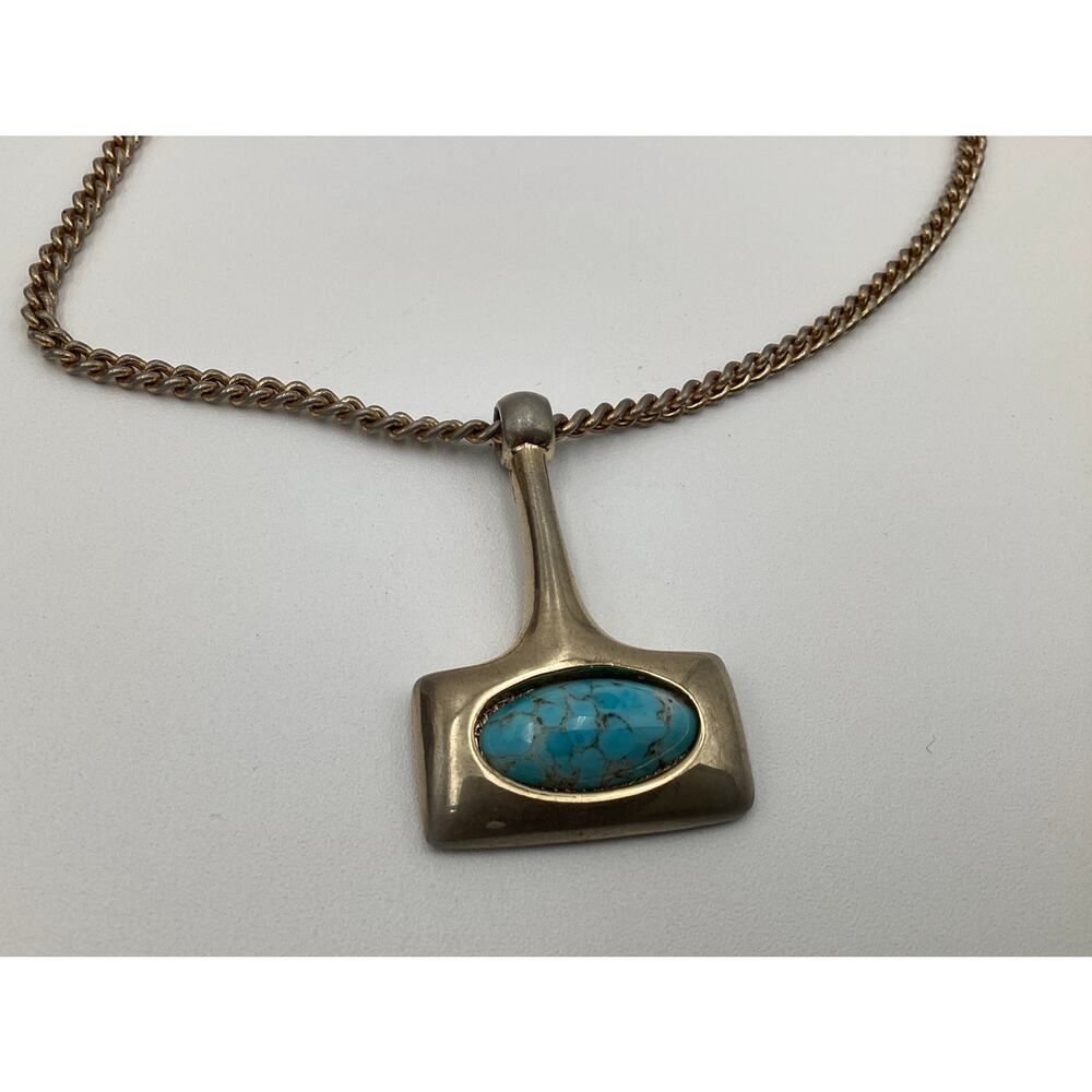 Vintage Mid-Century Brutalist Thor's hammer Pendant Necklace  Turquoise Inlay - Picture 4 of 4